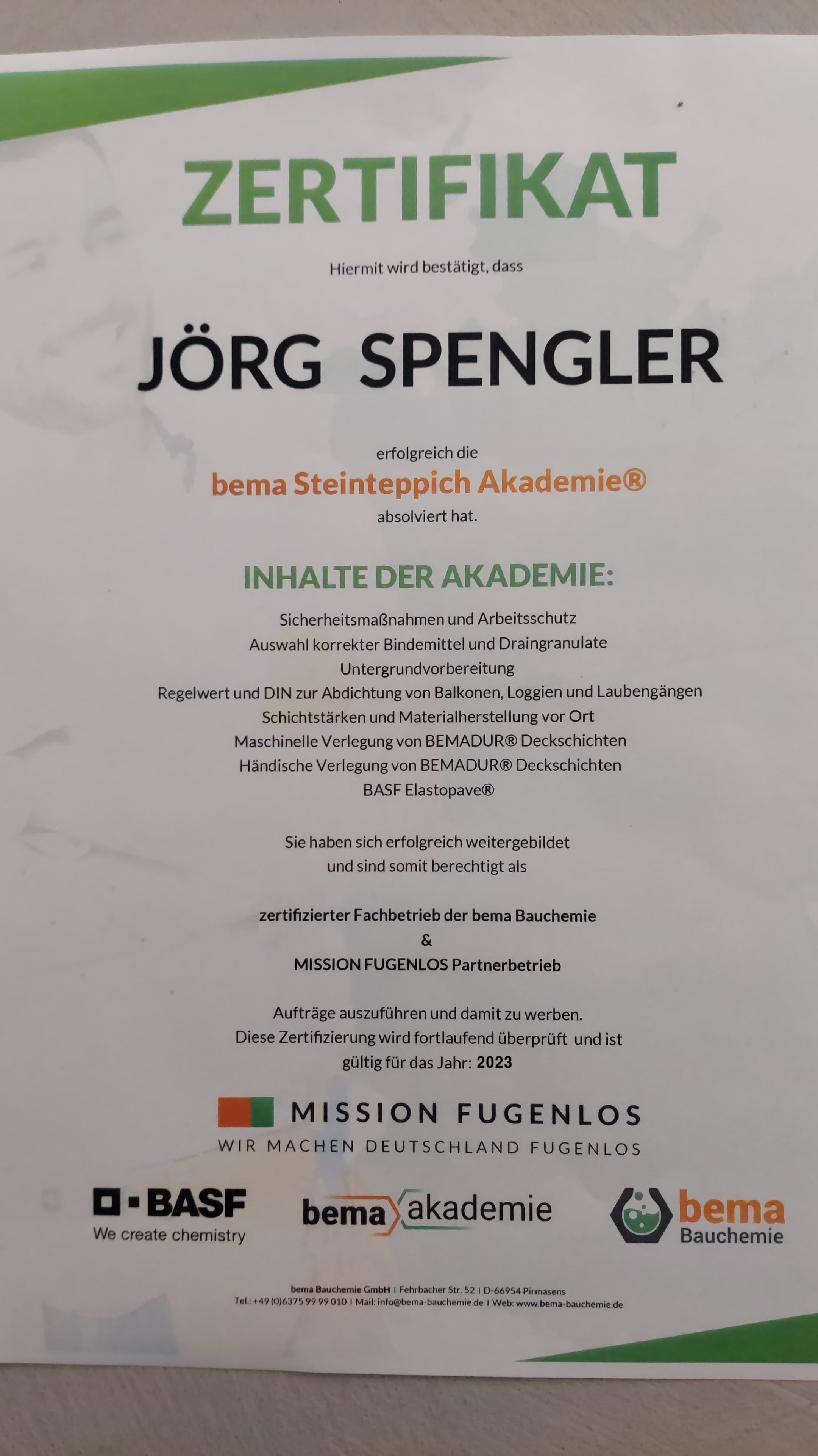 bema steinteppich akademie zertifikat